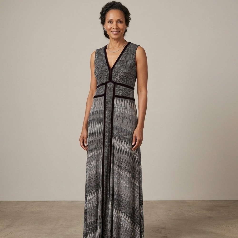 Maxi Dress Womens Velvet Trim V Neck Black Silver Zig Zag Pattern Size ~L/XL